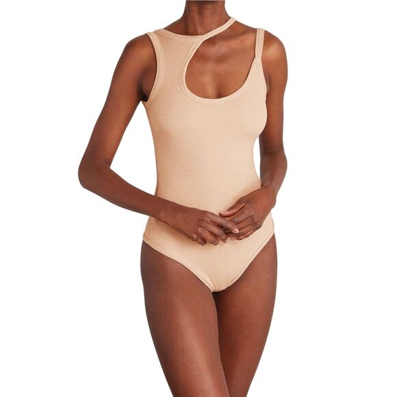 Alix NYC Tan Allen Asymetrical Scoop Neckline Sleeveless Ribbed Knit Bodysuit SM - Picture 1 of 13